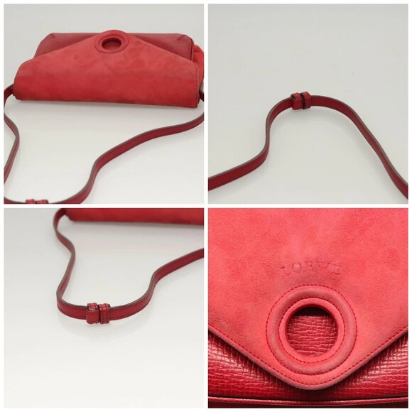 LOEWE Anagram Shoulder Bag Suede Leather Red Gold Auth sw697 - Picture 16 of 16